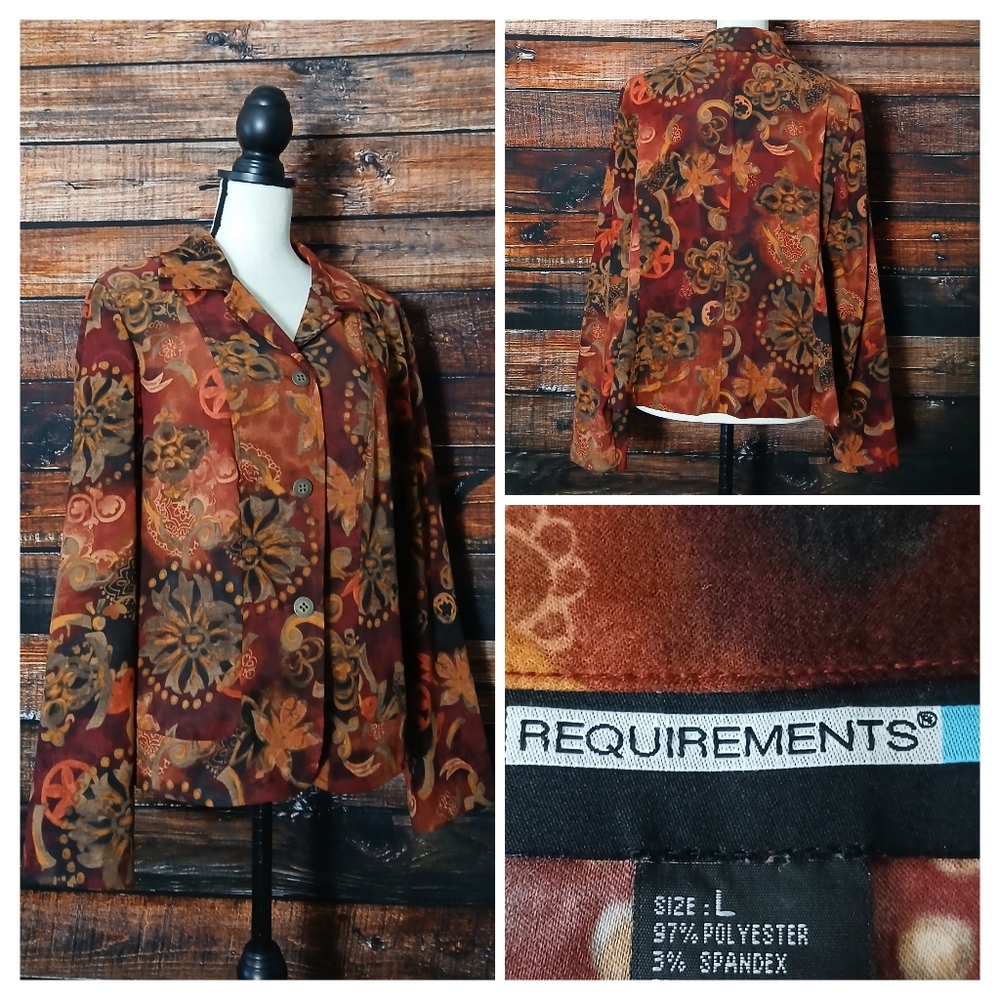 Requirements Blazer Jacket L Faux Suede Wine Floral Unlined Button Front